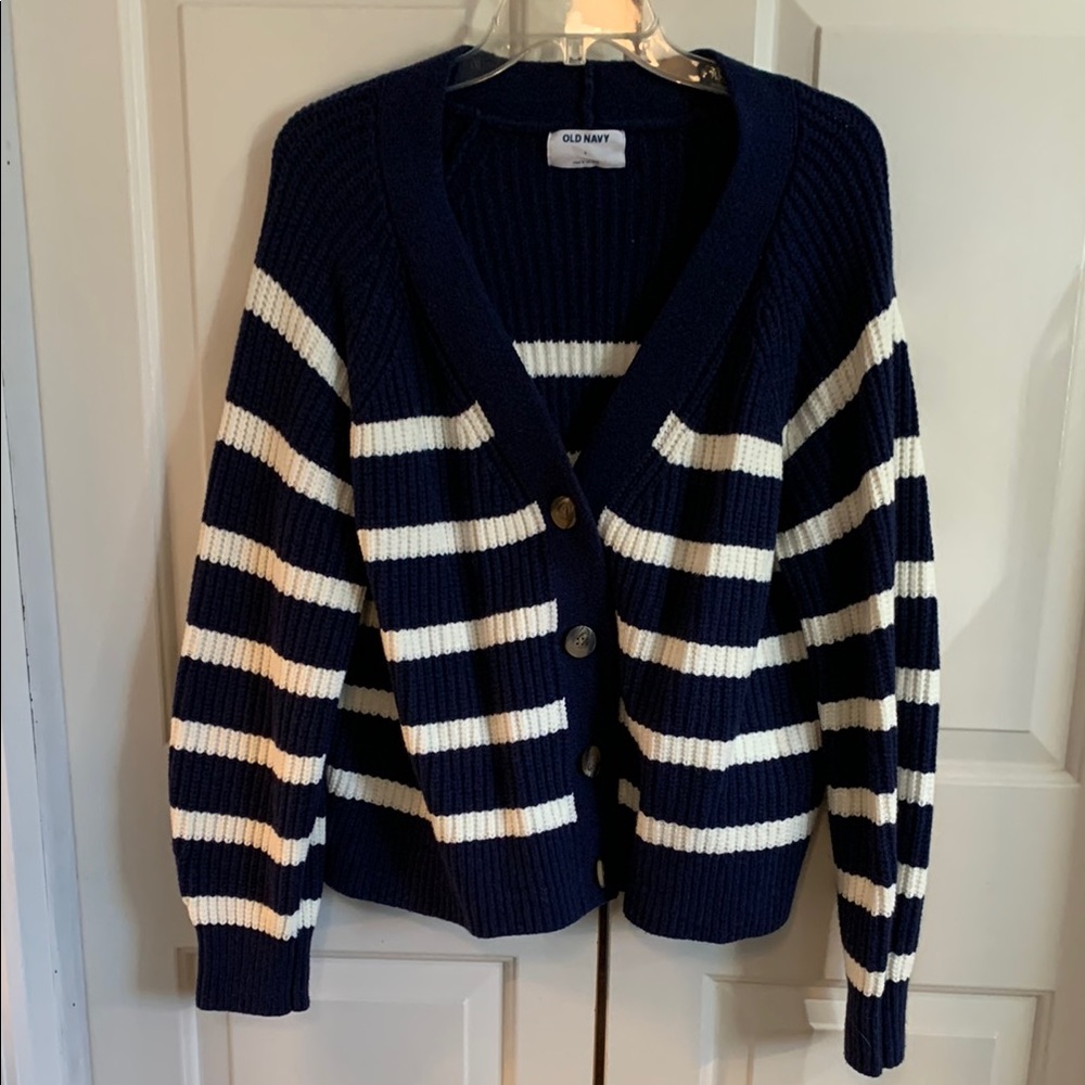 Old Navy Blue and White Striped Cardigan Sweater